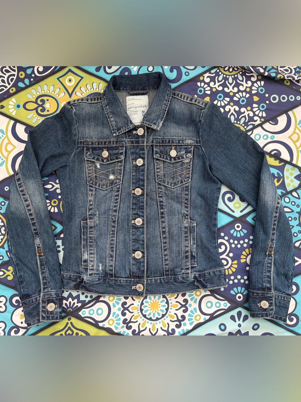 Aeropostale Juniors Blue Jean Denim Button-Up Distressed Y2K Medium Jacket